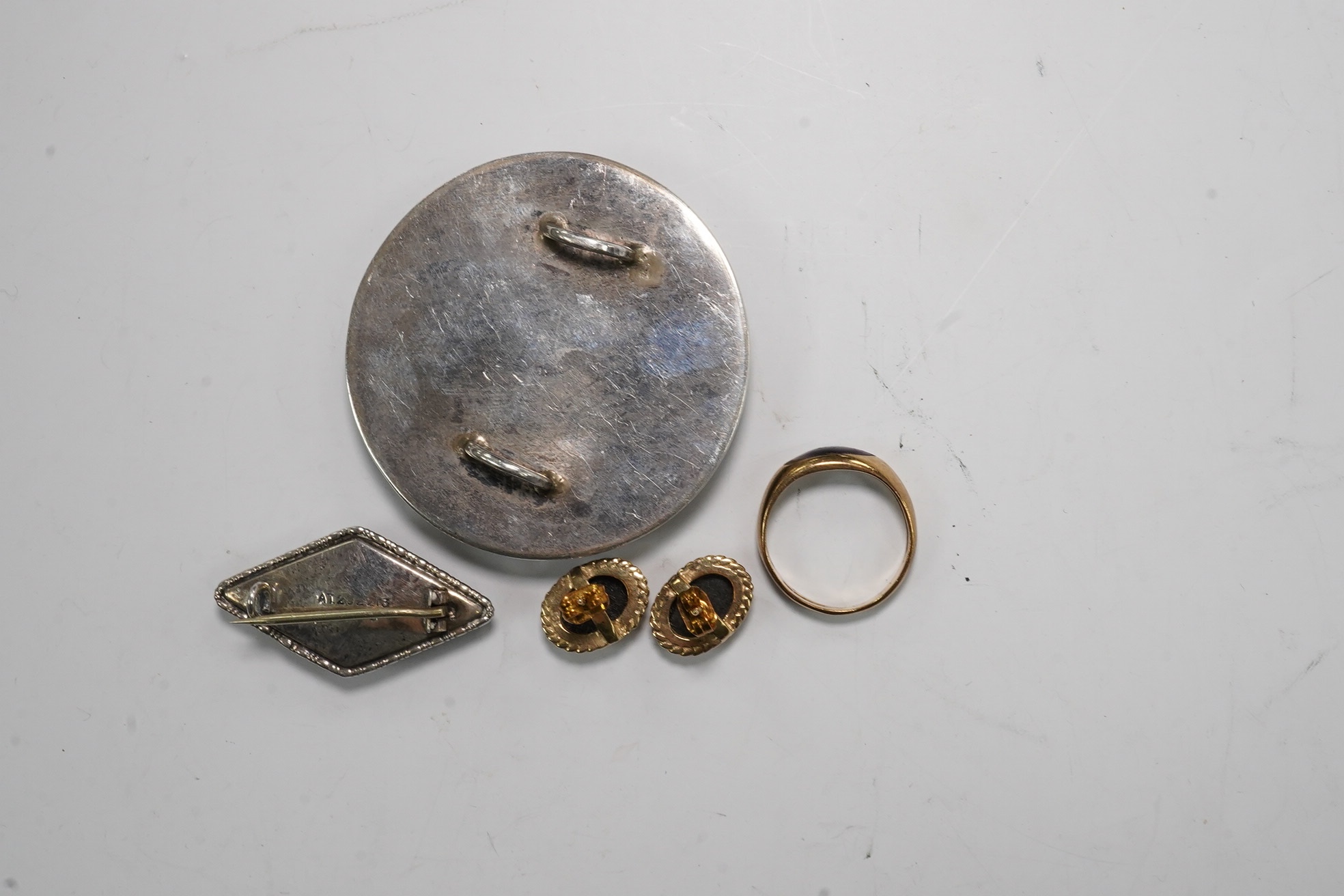 Four items of Blue John set jewellery including a pair of 9ct earrings and a 9ct ring. Condition - poor to fair